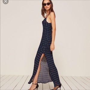 Reformation Navy Polka Dot Santiago Dress